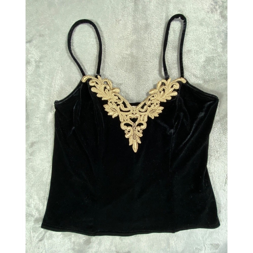 Vintage Sophia by Delicates Camisole Top Womens Small Black Velvet Embroidered